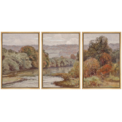 " Autumnal River Scene Impressionistic Style, Rich Fall Colors Nature Wilderness Illustration Decor " 3 - Pieces