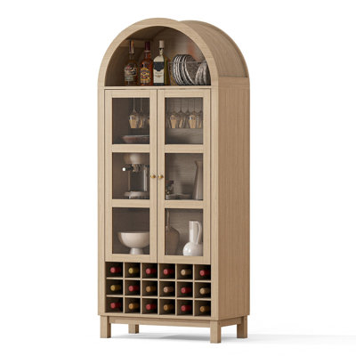 70" Arched Wine Cabinet with 18-Bottle Rack, Tempered Glass Doors, and 3 Shelves, Home Bar Storage