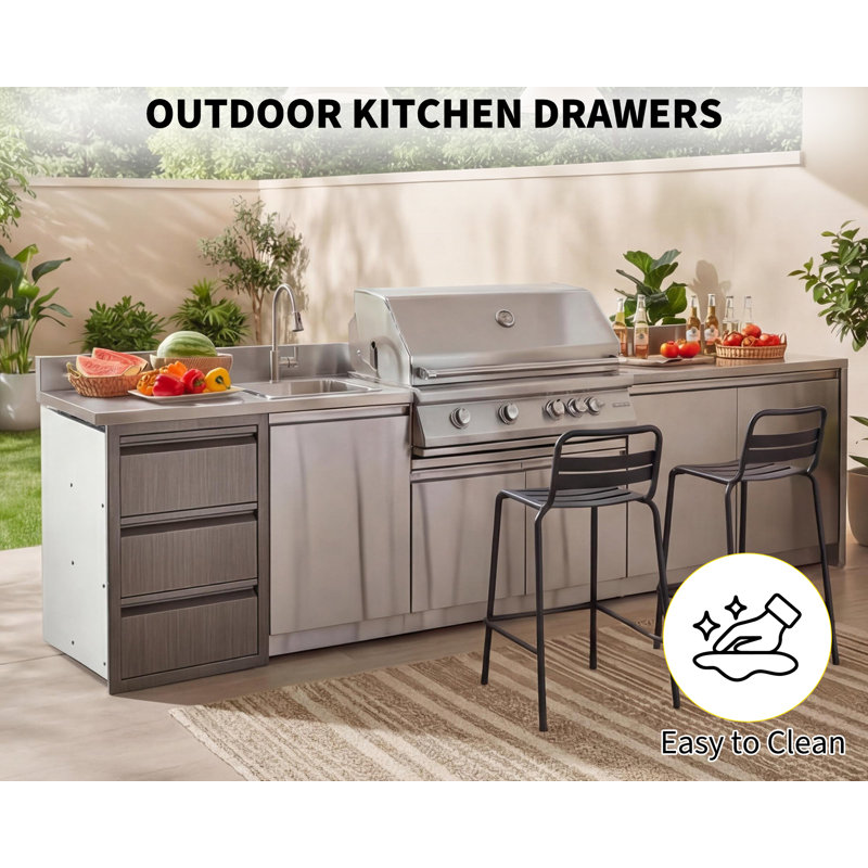 Triple Layer Outdoor Kitchen Drawer Organizer – Stainless Steel Storage Cabinet for Patio Grill Island – Durable Weatherproof Flush Mount Unit , 14.7" W x 24.5" H x 18.5" D