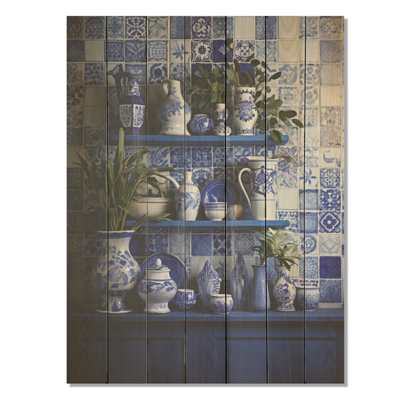 Mediterranean Tile Still Life Kitchen I - Boho Pottery On Wood Print, 44" H x 34" W