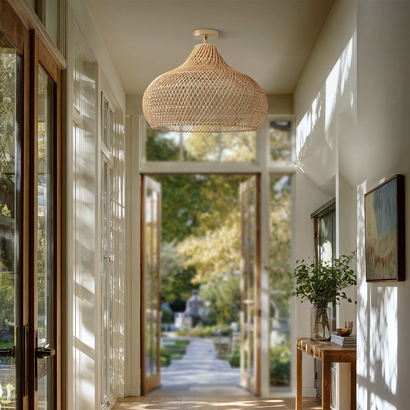 Plafonnier encastré en rotin et en dôme naturel 1 lumière Kloe Rattan, H 19 po x l 28 po x P 28 po