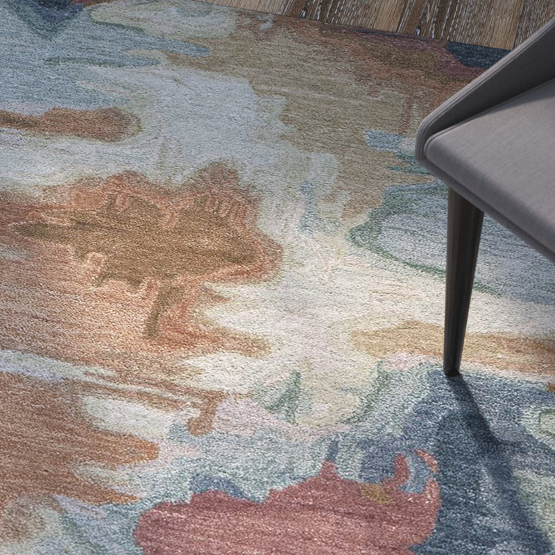 Tapis blanc / bleu / brun touffeté à la main à motif abstrait Vallone, Rectangle 2 pi x 3 pi