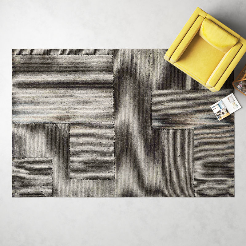 Peeta Geometric Hand-Tufted Wool Black/Ivory Area Rug, Rectangle 8'10" x 12'