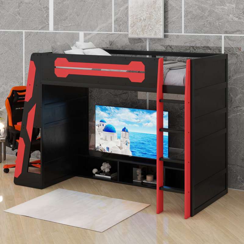 Lit mezzanine simple avec bureau et lumière RVB, Rouge