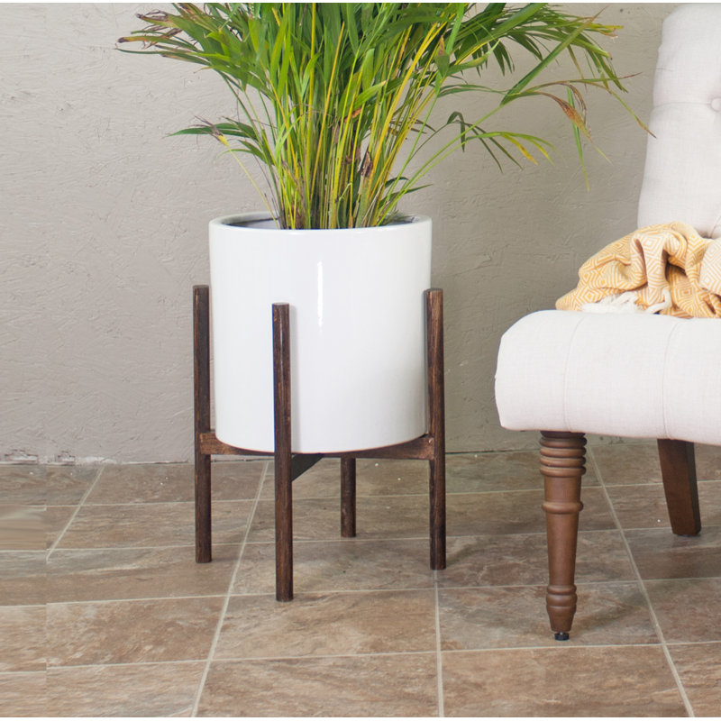 Handmade Pot Planter, White/Dark Walnut, 23" H X 15.5" W X 15.5" D