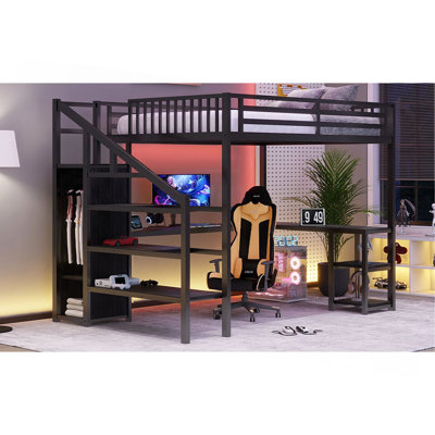 Grand lit mezzanine en métal avec garde-robe et lumière DEL, grand lit mezzanine avec bureau en forme de L et port USB pour enfants, adolescents, adultes