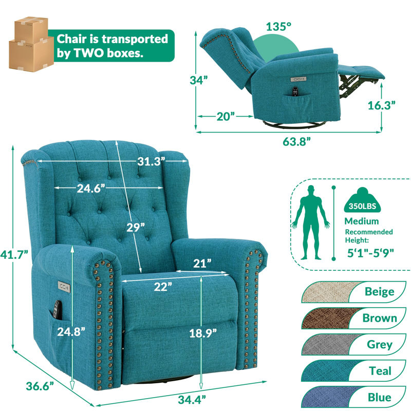 Vivijason Power Swivel Rocking Recliner Chair With Massage & Heat, Electric Rocker Glider Chair For Nursery, Wingback Tufted Upholstered Recliner W/Type-C & Usb Ports For Living Room, Bedroom, Teal