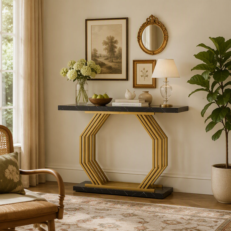 Console en faux marbre, canapé d'appoint 40 "avec base géométrique en métal, Faux Marble Black & Gold / Black, Black