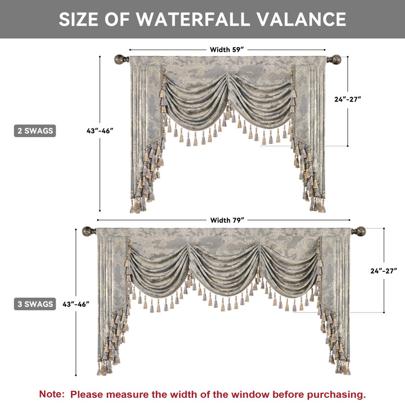 Classic Swag Valance with Tassels, Light Gray Jacquard Waterfall Valance, Window Treatment 1 Panel, 45" H x 79" W