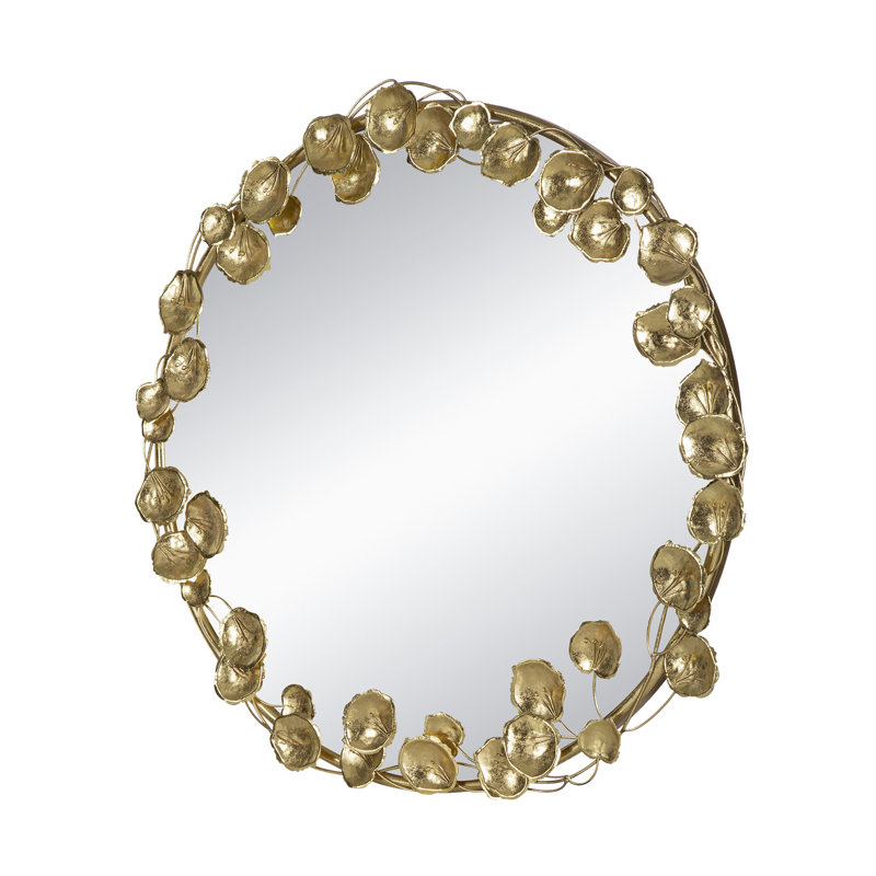 35" Round Metal Wall Mirror With En Leaf Accents, 35.2" x 35.2", Round