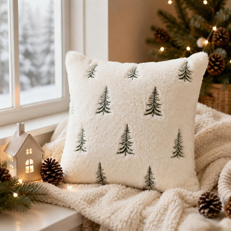 Plush Embroidered Christmas Tree Pillowcase