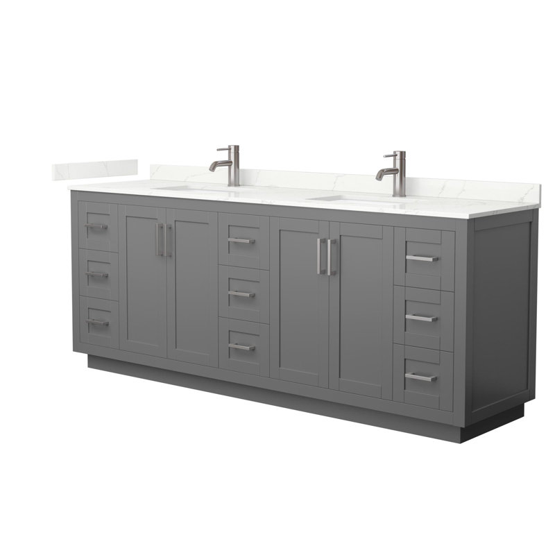 Meuble-lavabo double autoportant de 84 po avec plateau en quartz Miranda, Giotto Quartz, Gris foncé, Nickel brossé