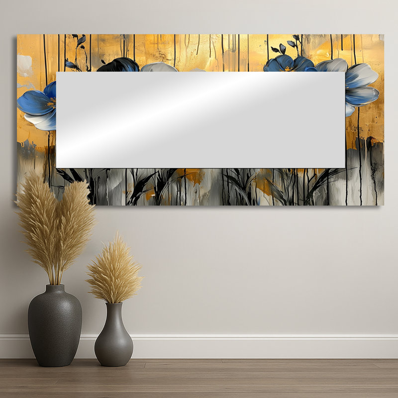 Minimalisme coquelicots or tropical symphonie - art mural miroir floral décoratif - imprimé sur métal, 28 po x 60 po
