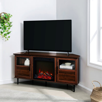 Meuble télé d'angle avec foyer, console multimédia, centre de divertissement