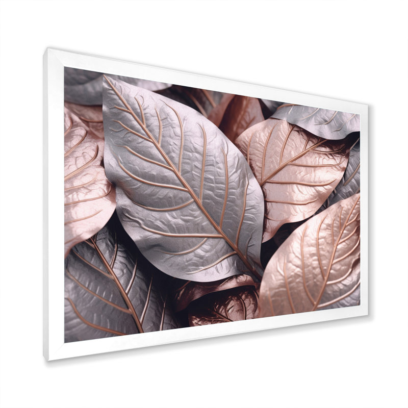 «Gold Pink Leafs Harmony I» sur toile, H 30 po x l 40 po x P 1,5 po, Cadre photo blanc