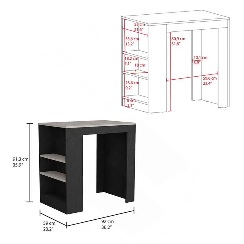Portree Kitchen Island with 3-Side Shelves, White/Black