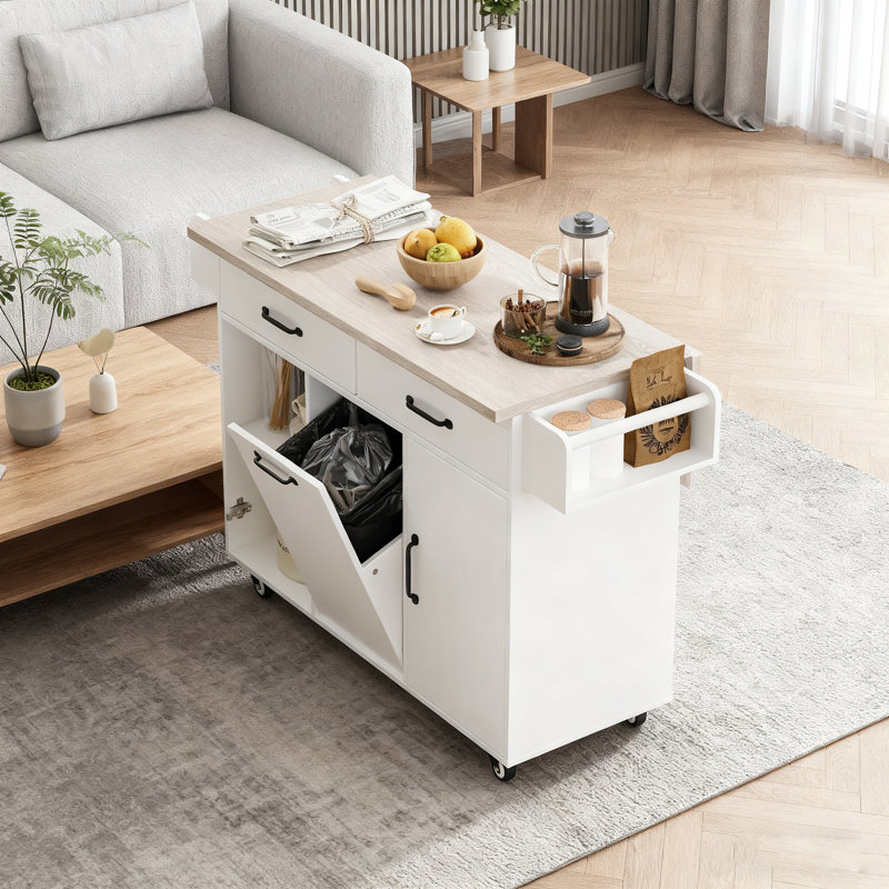 Multipurpose Rolling Kitchen Island - Tilt-Out Trash Can, Drop Leaf, Spice/Towel Racks, Drawers, Adjustable Shelves (51.06"X20.55"X35.04")，White
