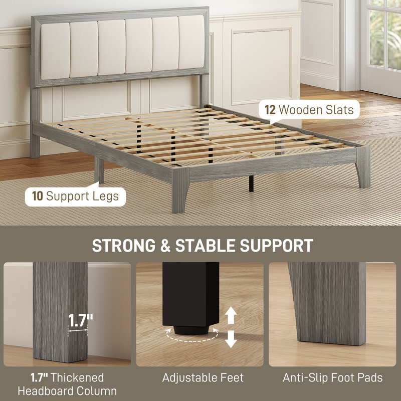 Full Size Bed Frame with Upholstered Headboard, Platform Bed Frame with Wooden Slats, No Box Spring Needed, Easy Assembly, Gray