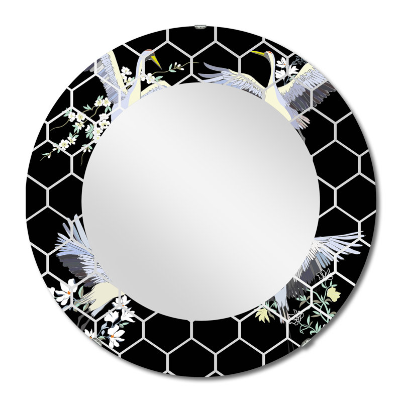 White Crane Birds On Black - Miroir mural moderne, 24 po x 24 po