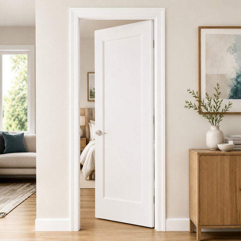 Ensemble de porte de garde-manger blanc à panneau simple avec cadre et poignée levier argenté, porte intérieure moulée pré-compatible
