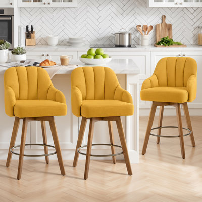 27" Upholstered Swivel Bar Stool, Set Of 3, With Solid Rubberwood Legs, 360°Swivel Seat And Channel-Tufted Shell Back