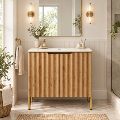 Meuble-lavabo moderne de 30 po, comptoir en pierre frittée avec armoire en contreplaqué brun, évier inclus