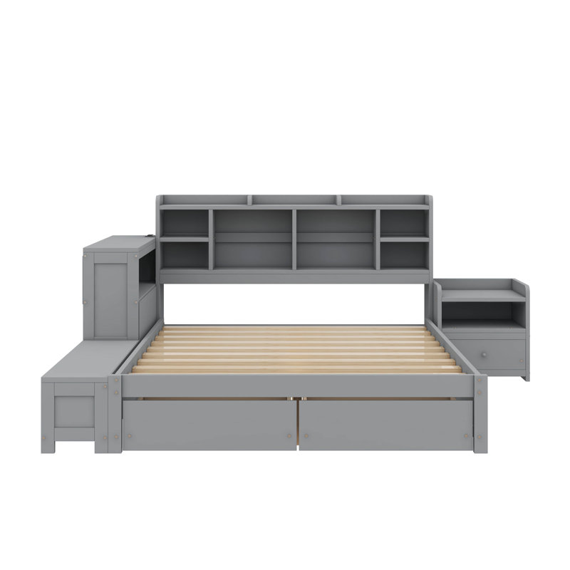 Cadre de lit tout-en-un avec ports USB et bureau intégré, gris