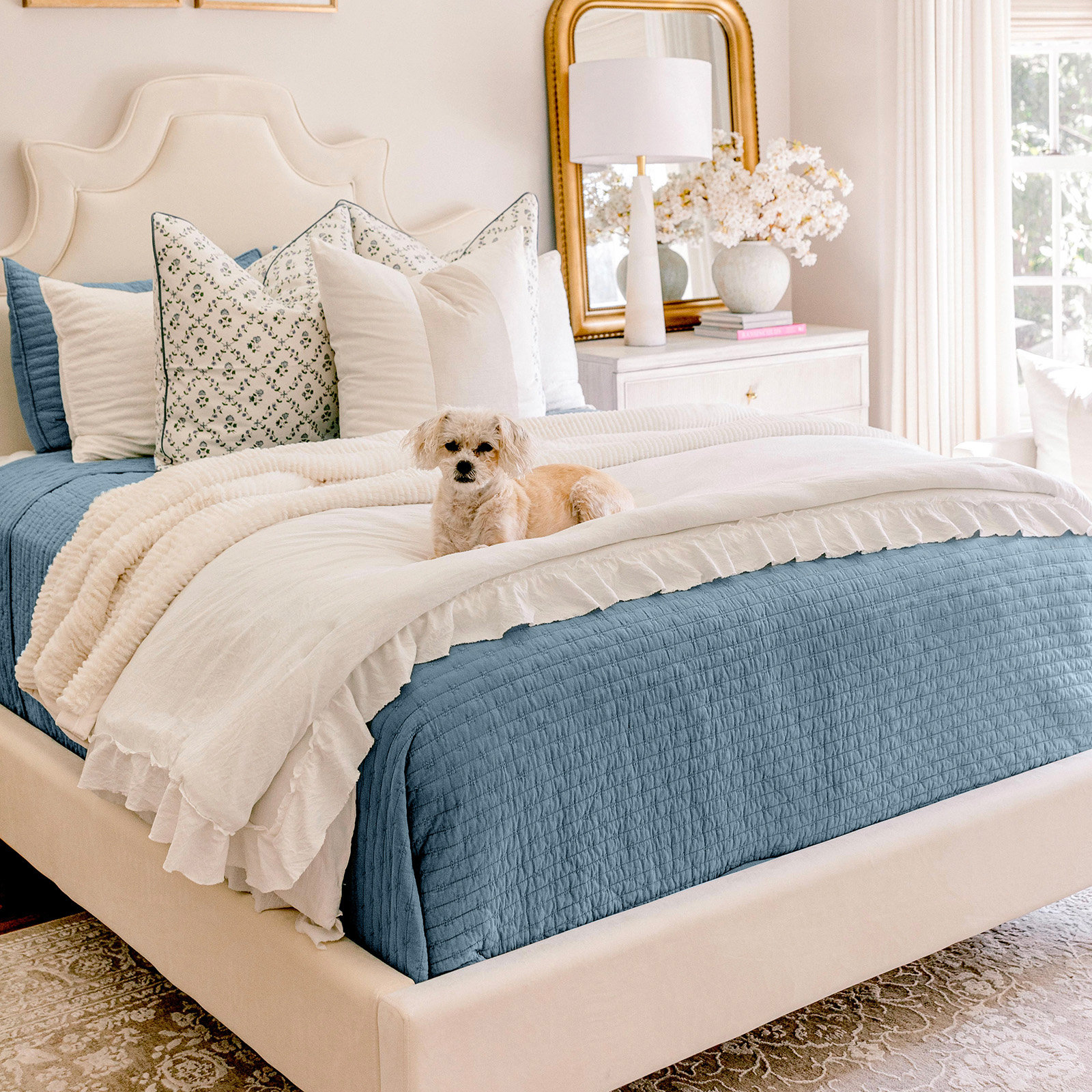 Cross Stitch Cotton Quilt set, Dusty Blue, King + 2 Shams