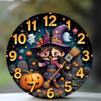 Witch Girl Holding Broom Near Halloween Clock