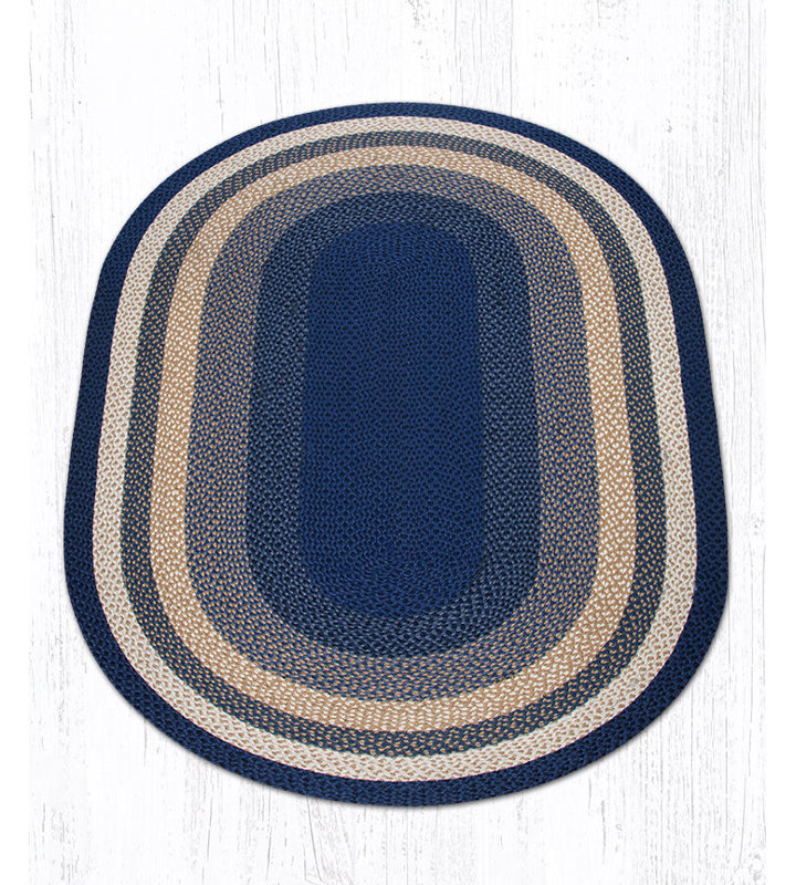  Light Blue, Dark Blue & Mustard Oval Braided Rug – Handcrafted Quality, Oval 5' x 8'