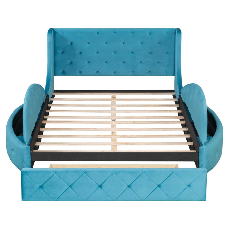 Lit plateforme tapissier avec tête de lit à oreilles et grand tiroir de rangement sous le lit pour une efficacité maximale et une expérience de sommeil de soutien.