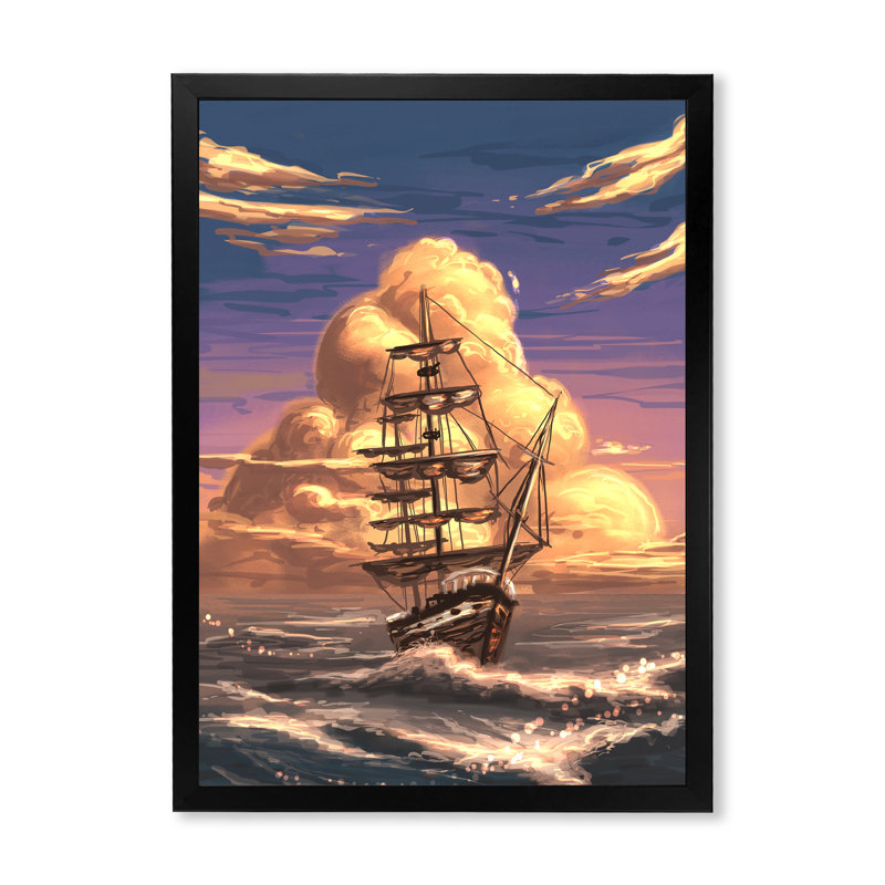 «Video Game Fantasy Ship Coastal Sunset», reproduction de photo sur toile, H 20 po x l 12 po x P 1 po, Cadre photo noir
