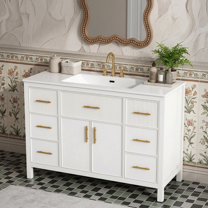 Freestanding Standard Free Standing Single Double Single Vanity Bathroom Vanity With Top, White