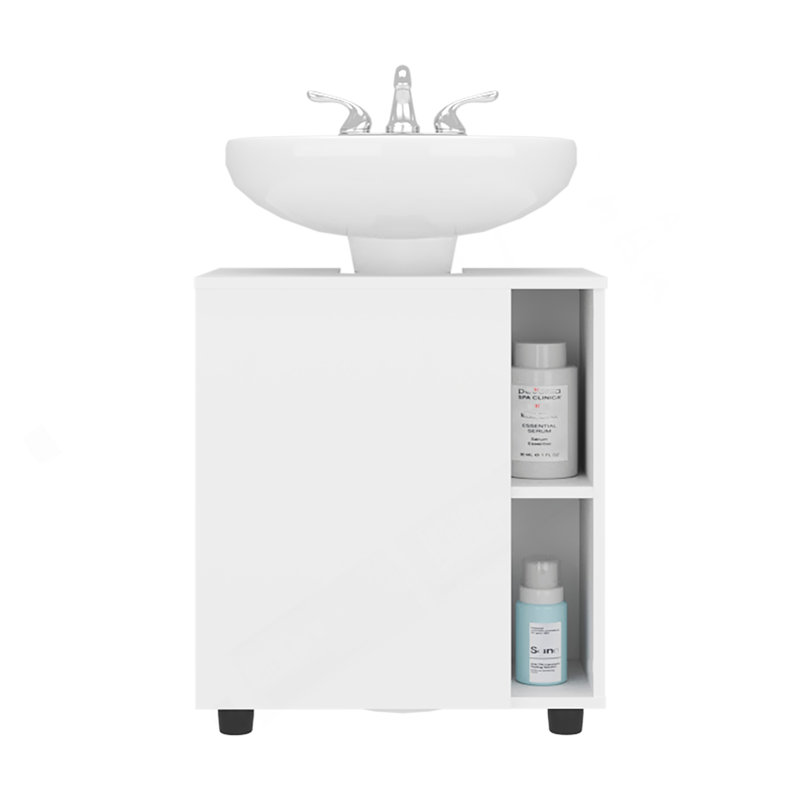 Deux tablettes latérales sous le lavabo avec une porte, un arrière découpé, un rangement compact pour salle de bain à 22 tablettes, blanc