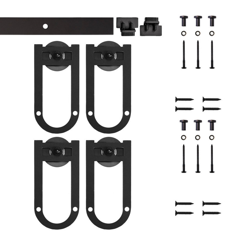 Mini ensemble de quincaillerie de porte de grange à double rail Horseshoe (porte non incluse), 48 po, Noir
