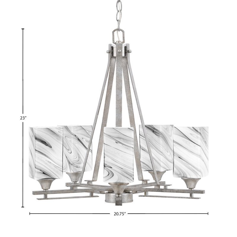 Lustre 5 lumières Uptowne illustré en finition argent vieilli avec verre tourbillon onyx carré de 3,5 po