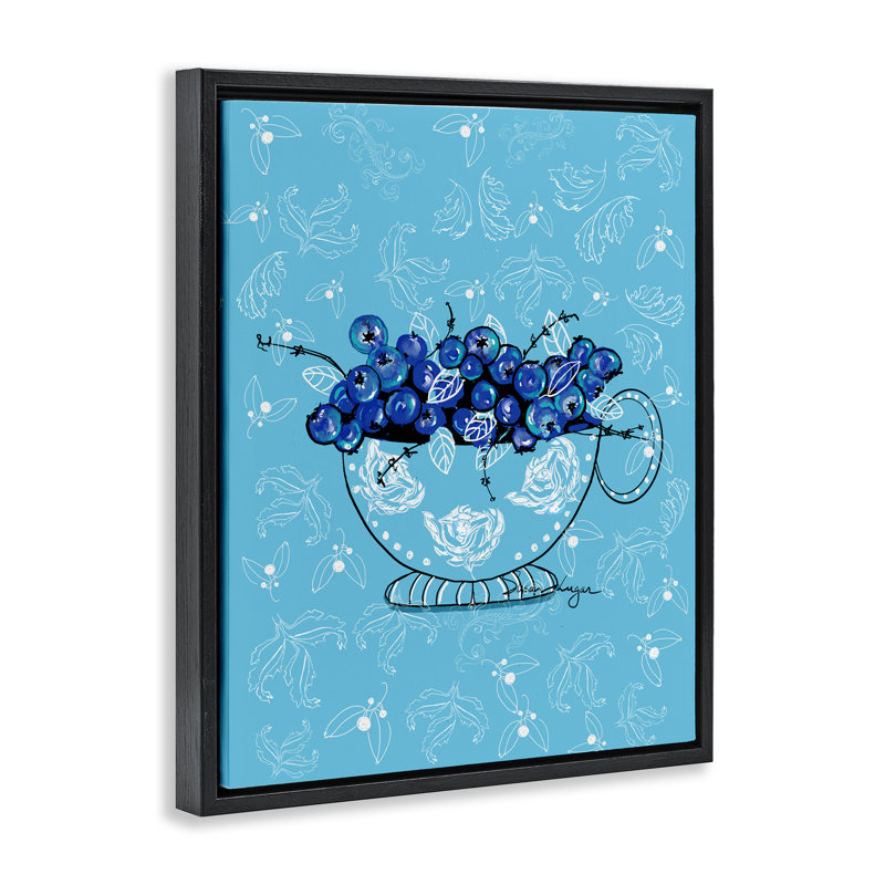 Bright Blue Blueberries in Teacup Floating Frame, design by Susan Lugar, Jet Black Floater Frame, 21" H x 17" W