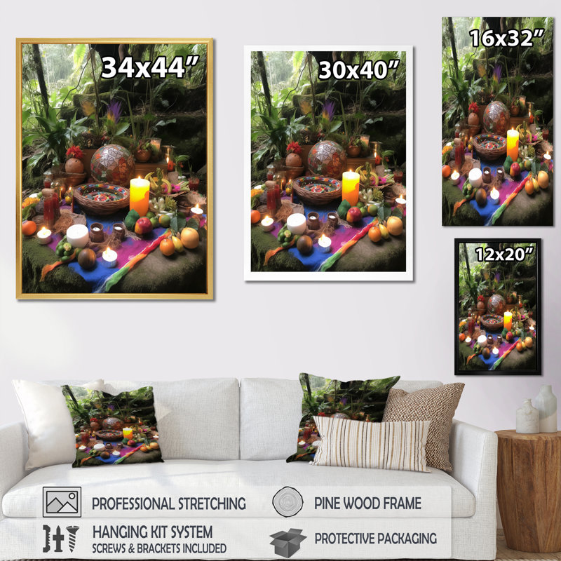 «Jungle Celebration Sacred Altar», reproduction sur toile, H 44 po x l 34 po, Cadre flottant noir