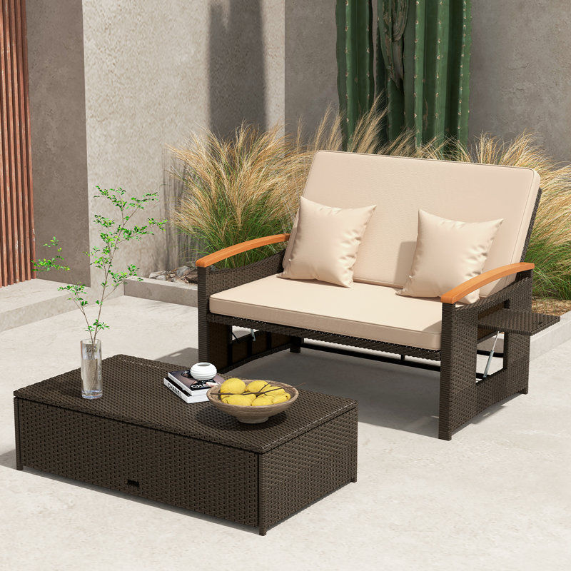 Ensemble de lit de jour en rotin  avec causeuse et repose-pieds avec rangement, Beige