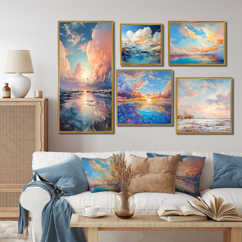 Ensemble de 5 décorations murales Clouds Charm, Cadre flottant doré