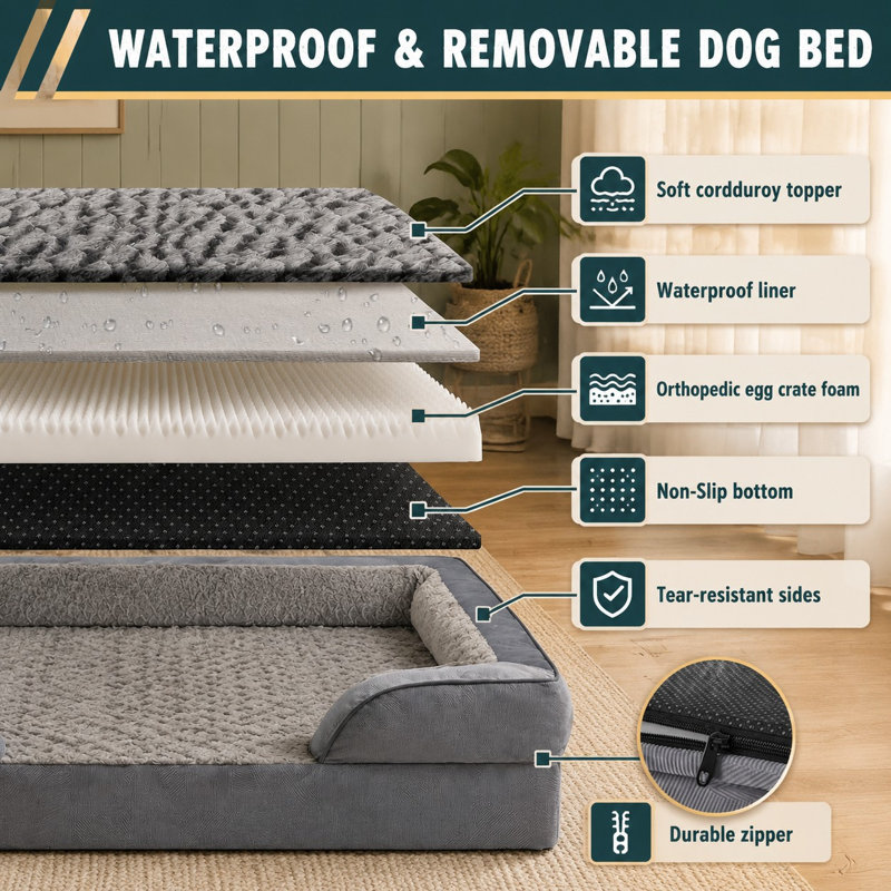 Conçu pour les grands chiens, ce canapé orthopédique XL lavable combine une mousse alvéolée avec une doublure imperméable et un dessous antidérapant.