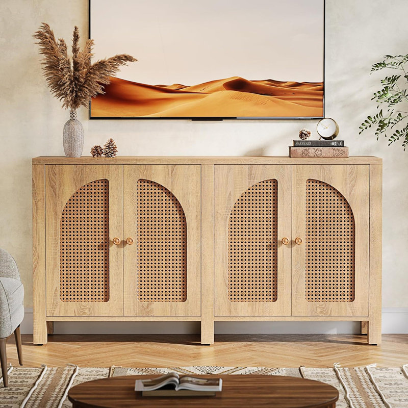 Buffet en rotin à buffet avec 4 portes, console de rangement pour la cuisine de ferme, armoire d'appoint