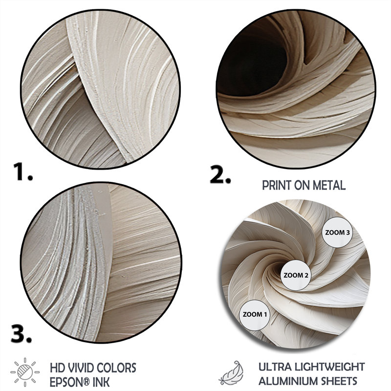 «White Minimalisme Spiral Poteries» - Art abstrait rond en métal, H 23 po x l 23 po