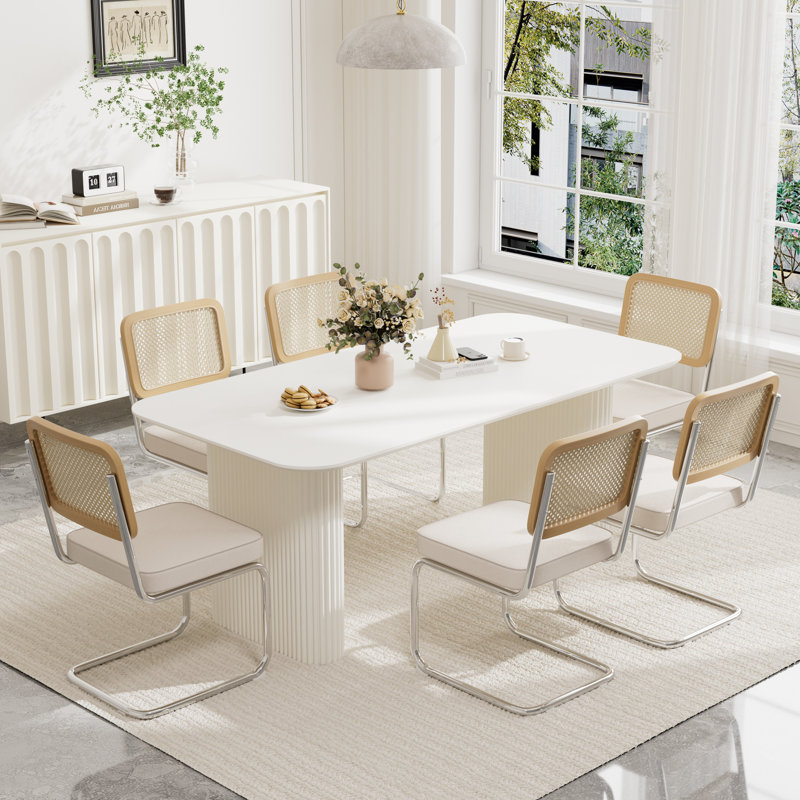 Ensemble de table de salle à manger rectangulaire à double piédestal, Beige, 7, Blanc