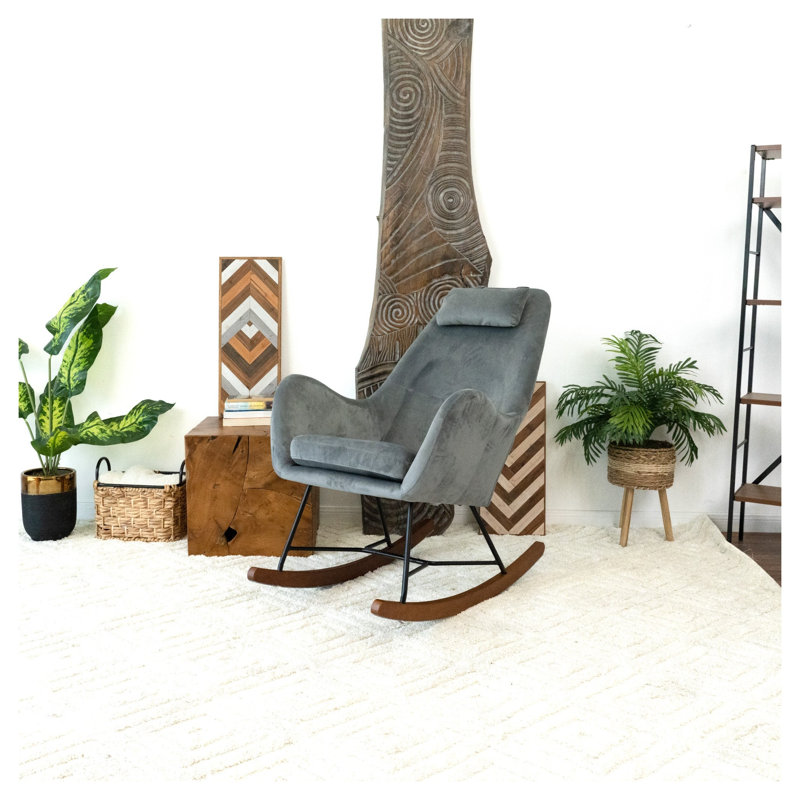Chaise berçante moderne en velours gris clair Chelsea pour chambre à coucher ou chambre de bébé