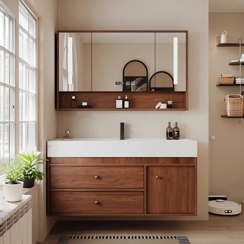 35.83"Solid + Manufactured Wood Bathroom Washbasin Vanity With a Mirror Cabinet, 36"