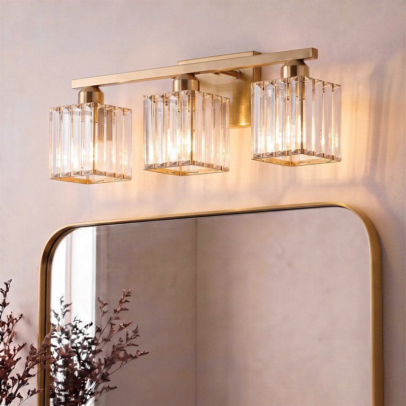 3-Light Crystal Dimmable Vanity Light, Bruhsed Brass