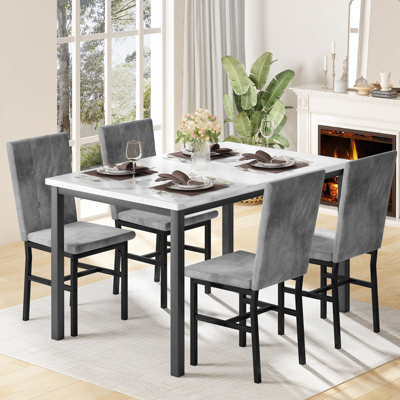 Modern Faux Marble Dining Table Set with Gray Velvet Chairs
