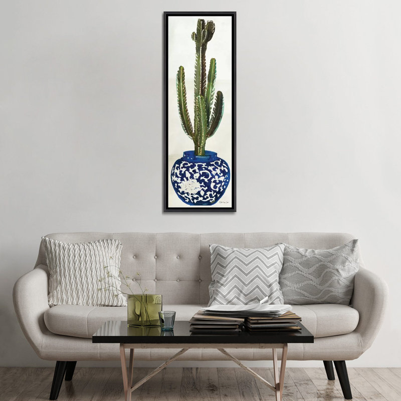 «Cacti in Blue Pot II», impression panoramique sur toile, Toile avec cadre noir patiné, H 60 po x l 20 po x P 1,5 po
