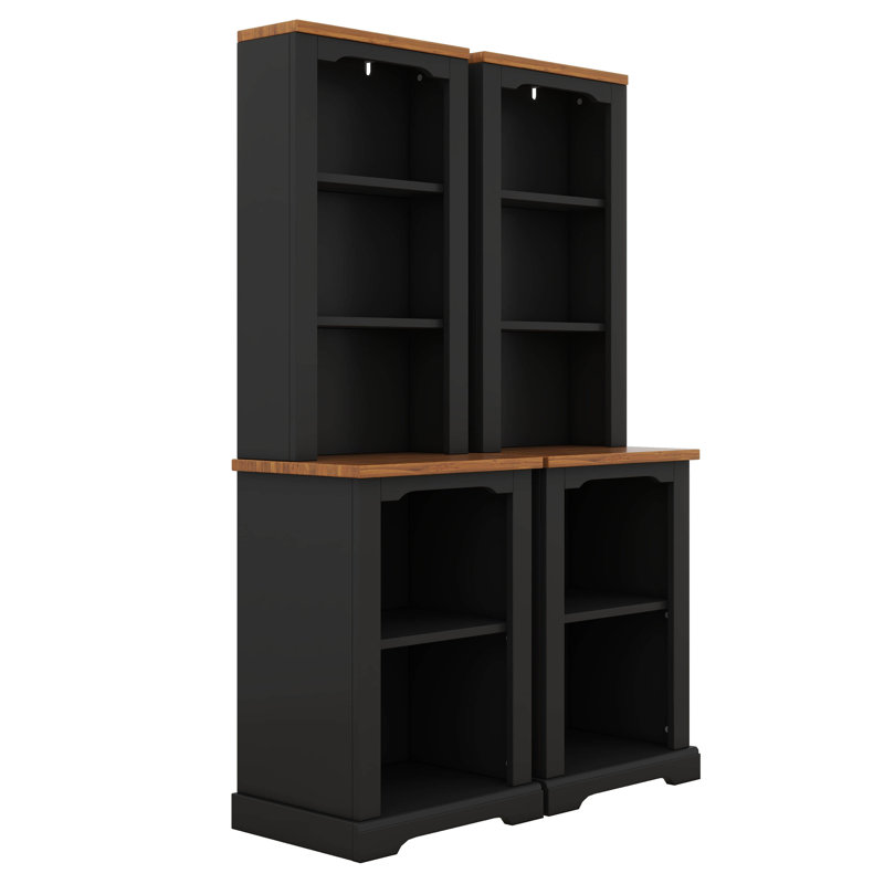 2-Piece Tall Freestanding Cabinet Set With Walnut Top, Open Storage Bookshelf With Curved Design, Anti-Tip Device, Black